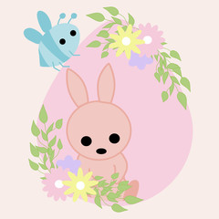 colorful flowers, egg and bunny, vector illustration