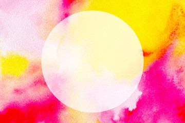 Pink golden orange circle splash watercolor hand drawn texture background business card with space for text, isolated