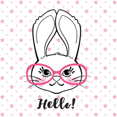 Cute bunny girl with glasses on polka dot background isolated on white.