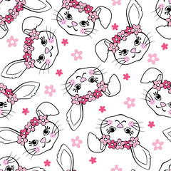 Seamless pattern with bunny girl in floral wreath isolated on white background.
