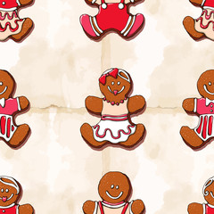 Vector seamless pattern : pretty delicious traditional christmas gingerdbread on baking paper. Boys and girls shape. Funny design for winter holidays : textile, wrapping paper, cards, notebook cover.