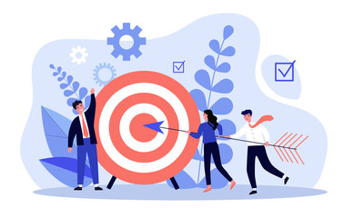 Businesspeople driving arrow to goal. Successful professional team hitting target. Vector illustration for challenge, aim, achievement, teamwork, business, marketing concept - obrazy, fototapety, plakaty
