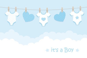 its a boy welcome greeting card for childbirth with hanging hearts and bodysuits vector illustration EPS10