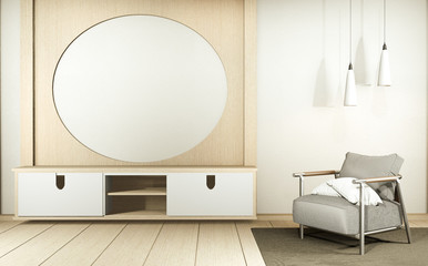 Cabinet TV in white empty interior room Japanese-style, 3d rendering