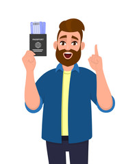 Excited young man showing passport tickets and pointing finger up. Trendy hipster person holding boarding pass. Travel and tourism concept. Male character design illustration. Cartoon in vector style.