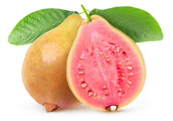 Isolated guava. One whole yellow guava fruit and a half with pink flesh on a branch with leaves isolated on white background with clipping path
