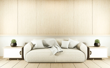 Modern Zen living room interior, white sofa and decor Japanese style on room white wall background. 3d rendering
