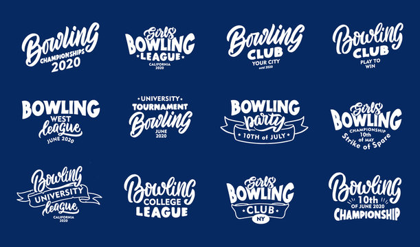 Set of vintage Bowling phrases. White emblems, badges, templates, stickers on blue background.