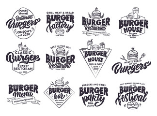Set of vintage Burger emblems and stamps. Fast food badges, stickers on white background isolated