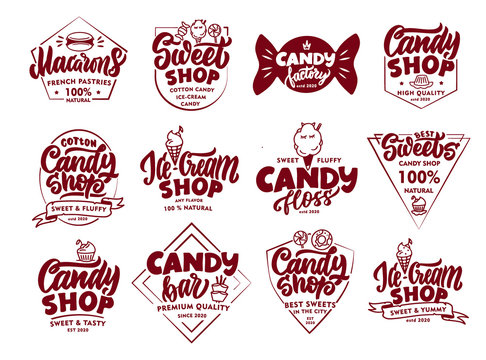 Set of vintage Candy emblems and stamps. Sweet shop badges, stickers on white background isolated.