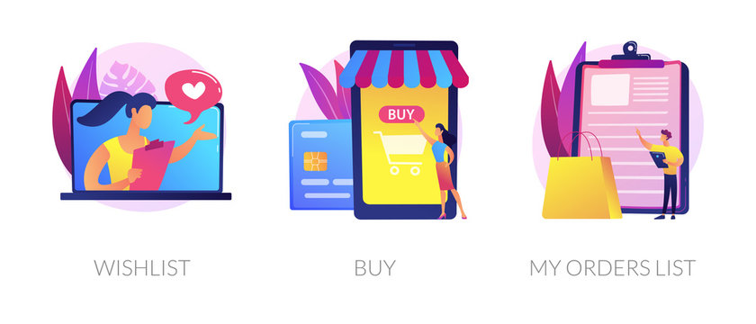 Internet store website interface. Purchases ordering, online payment. E-commerce cliparts set. Wishlist, buy, my orders list metaphors. Vector isolated concept metaphor illustrations