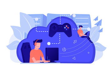 Two gamers playing computer connected with joystick. Gaming on demand, video and file streaming, cloud technology, various devices gaming concept. Vector isolated illustration.