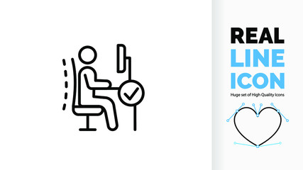 Vector editable and customisable real line icon or symbol of  ergonomics office chair for good posture in the workplace to prevent back, spine and neck pain with a check vink icon sign