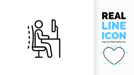 editable real line icon or symbol of a stick figure person sitting in a ergonomics office chair at his desk with a screen for good posture in the workplace to prevent back, spine and neck pain