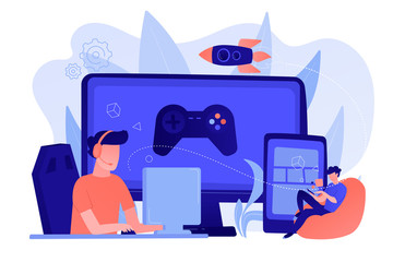 Gamers play video game on different hardware platforms. Cross-platform play, cross-play and cross-platform gaming concept on white background. Pinkish coral bluevector isolated illustration © Visual Generation