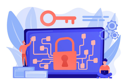 Cryptographic officer and system administrator create algorithm code for key owner of blockchain. Cryptography and encryption algorithm concept. Pinkish coral bluevector isolated illustration