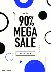 50% OFF Mega Sale Online Shopping Newsletter Ad Promo Campaign.  Coupon, Voucher, Banner Design Concept. Minimal Black Color Banner with Shop Now Button.