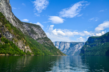 Rocks of the Sognefjord, the third longest fjord in the world and largest in Norway. Nature and travel background