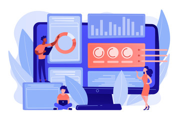 Business analysts performing idea management on computer screen. Innovation management software, brainstorming tools, inovation IT control concept. Pinkish coral bluevector isolated illustration