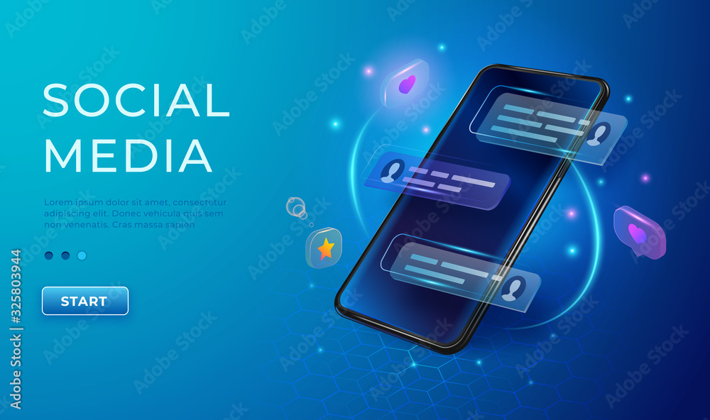 Wall mural chatting and communication concept 3d. phone with likes and message icons. smartphone application so