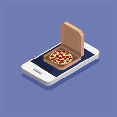 Online pizza order and delivery concept. Order fast food online. Giant isometric smartphone with pizza in a box. 