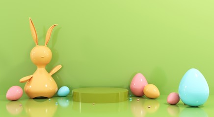 Happy Easter greeting card, template with bunny and eggs - 3d, render. Mock up podium, stand, platform for advertising product, goods. Festive bright background with cute baby rabbit with copy space. 