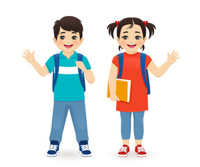 Smiling school asian boy and girl with backpack waving hand isolated vector illustration