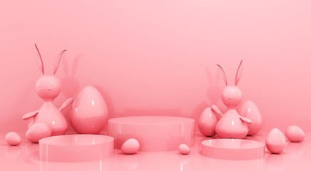 Happy Easter greeting card, template with bunny and eggs - 3d, render. Mock up podium, stand, platform for advertising product,  goods. Festive pink background with cute baby rabbit with copy space. 
