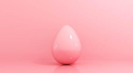 Happy Easter greeting card, template with egg - 3d, render. Festive pink background with copy space. Simple, minimalistic stylish illustration for holiday events.