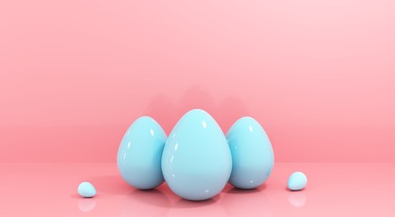 Happy Easter greeting card, template with egg - 3d, render. Festive pink background with copy space. Simple, minimalistic stylish illustration for holiday events.