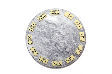 Dominoes clock on marble circle isolated on white background. Ready to print, clock background.