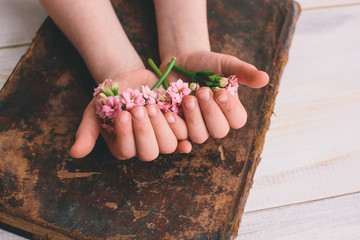 Vintage books with bouquet of flowers. Small hand holds the flowers.
