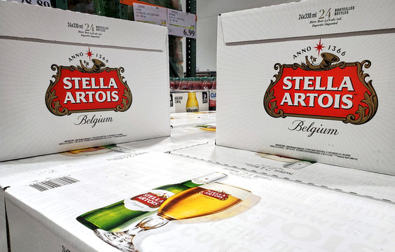 Stella Artois logo on boxes with beer in Coscto warehouse