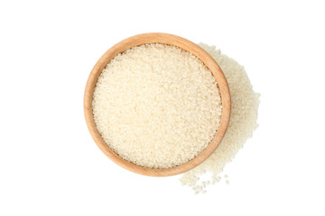 Wooden bowl with rice isolated on white background