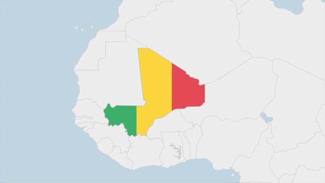 Mali map highlighted in Mali flag colors and pin of country capital Bamako.