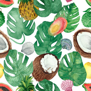 Watercolor hand painted nature tropical seamless pattern with mango, coconut, pineapple, papaya fresh fruits, yellow lemon green palm leaves and sea shells on the white background, trendy print