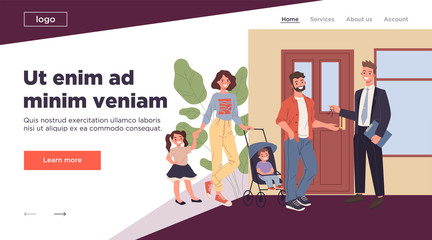 Family buying new house. Young couple with kids renting apartment flat vector illustration. Real estate, mortgage, property purchase concept for banner, website design or landing web page