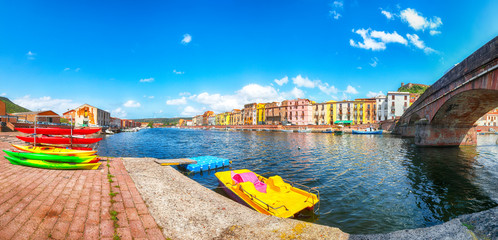 Astonishing cityscape of Bosa town with Ponte Vecchio bridge across the Temo river