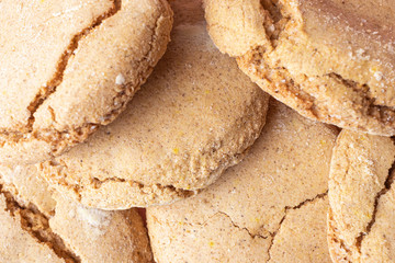 Round homemade cookies close-up. Baking cooking concept. Close-up, top view. Detailed photo.
