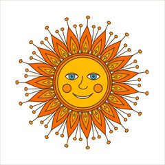 Sun, ornamental doodle vector illustration isolated on white backgrounds. Russian symbol holiday spring Shrovetide. National holiday.