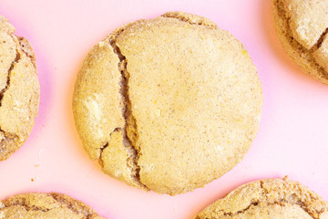 Round homemade cookies close-up. Baking cooking concept. Close-up, top view. Pink background.