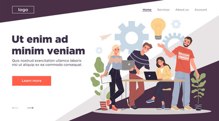 Happy team working on startup together. Men and women using laptops, lightbulb, gears flat vector illustration. Ideas, brainstorming, teamwork concept for banner, website design or landing web page