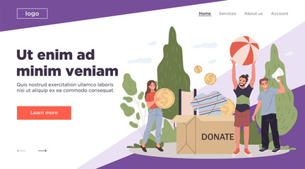 Happy young people packing donation box. Donating clothes, money, book flat vector illustration. Fundraiser, charity, voluntary concept for banner, website design or landing web page
