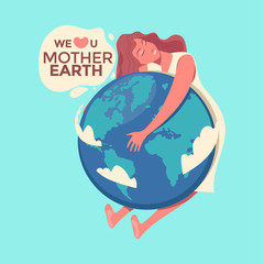 Happy Mother Earth Day Greeting Card Vector Illustration with Women Earth Map and green nature background