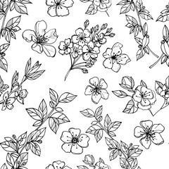 Seamless pattern of flowers and branches of apple trees, drawn by a black liner.