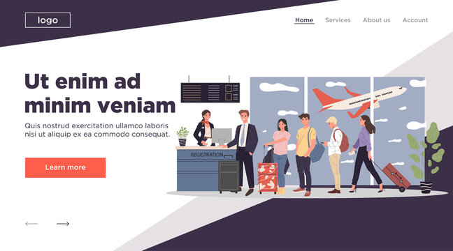 Line of passengers at airport registration desk. Queue of travelers waiting for check in to their flight. Vector illustration for travel, vacation, departure, boarding concept