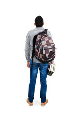 Back view of young student with backpacks and books, looking at wall. Isolated on white background