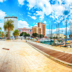 Splendid spring Cityscape with marina and Yachts and boats in town Cagliari