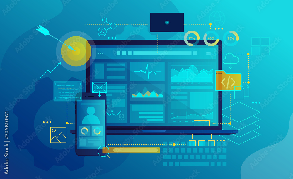 Fototapete seo software interface flat vector illustration. search engine optimization program gui design. anal
