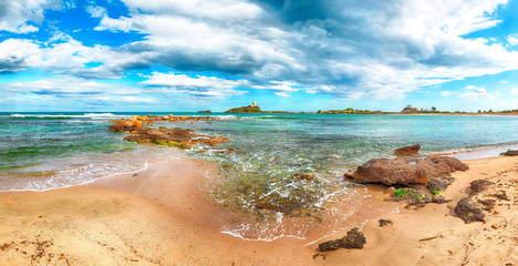 Ancient Spanish tower of Coltellazzo of Saint Efisio lighthouse at Nora archeological site